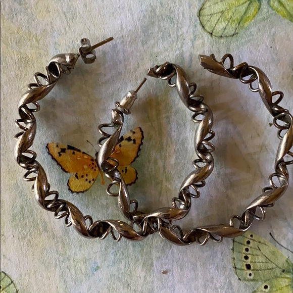 Earrings; Silver; Round twisted metal Hoop; - Picture 2 of 5